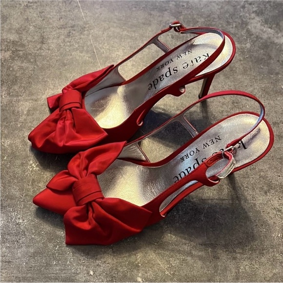 Kate Spade Sheela Sling Pointed Toe Stiletto Heel Red Taffeta Bow NEW Size 6 - Picture 3 of 4
